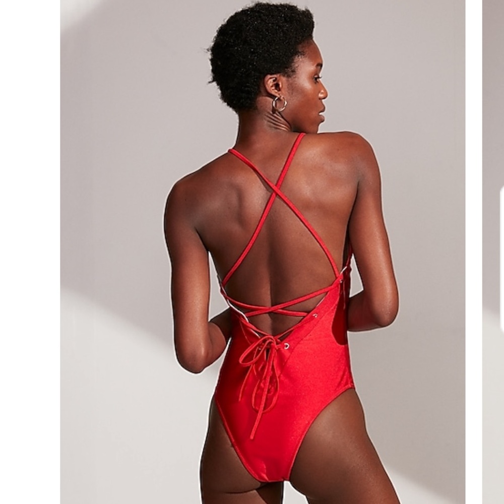 EXPRESS Shimmer Lace-Up One-Piece Swimsuit